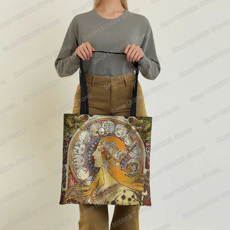 Alphonse Beauty Print Bolsa para Mulheres, Sacos De Compras De Armazenamento Reutilizável, Totes Casuais, Pintura A Óleo, Elegante Senhoras Tote