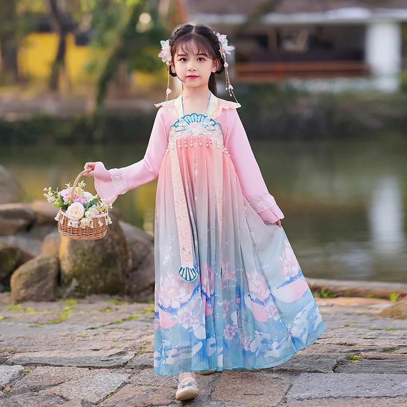 Traje de festa de verão vestidos da menina do vintage crianças roupas vestido casual bebê chinês hanfu cosplay crianças princesa meninas vestido