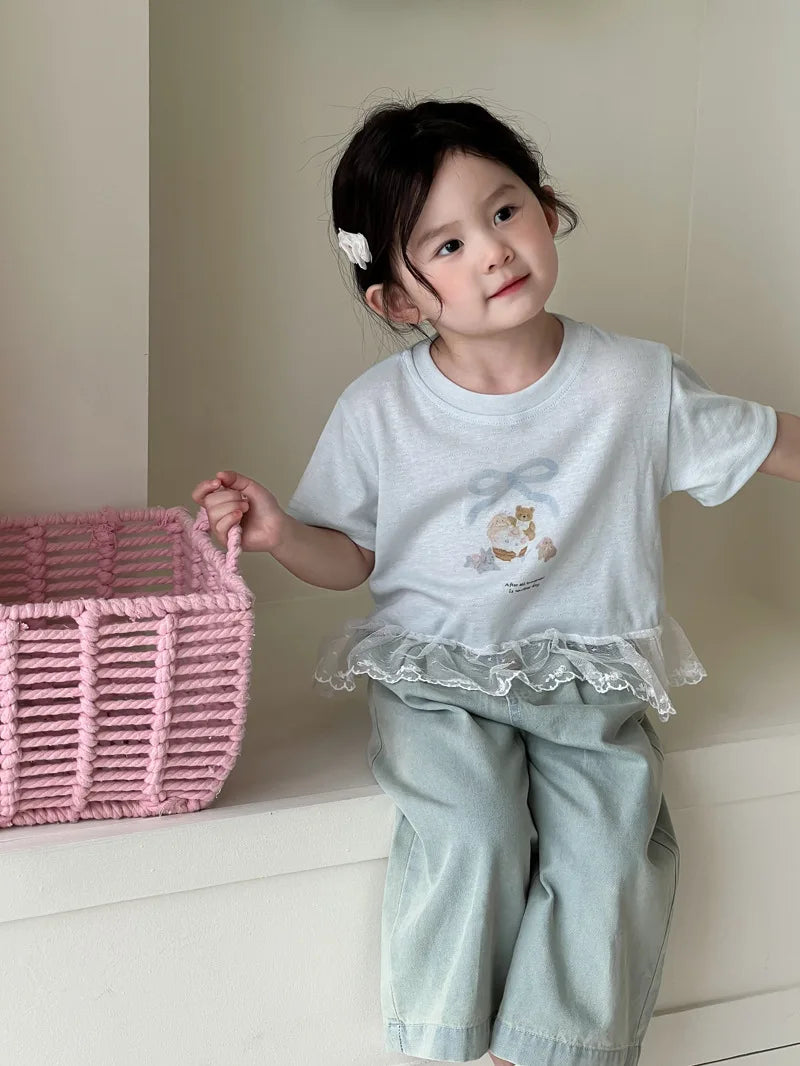 Crianças camisetas de manga curta 2025 verão novo arco dos desenhos animados impressão meninas rendas camiseta do bebê meninas algodão casual topos crianças roupas