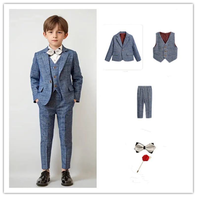 Meninos 5 peças/set jaqueta colete calças broche bowtie fotografia terno crianças formal festa de aniversário casamento smoking conjunto crianças blazer