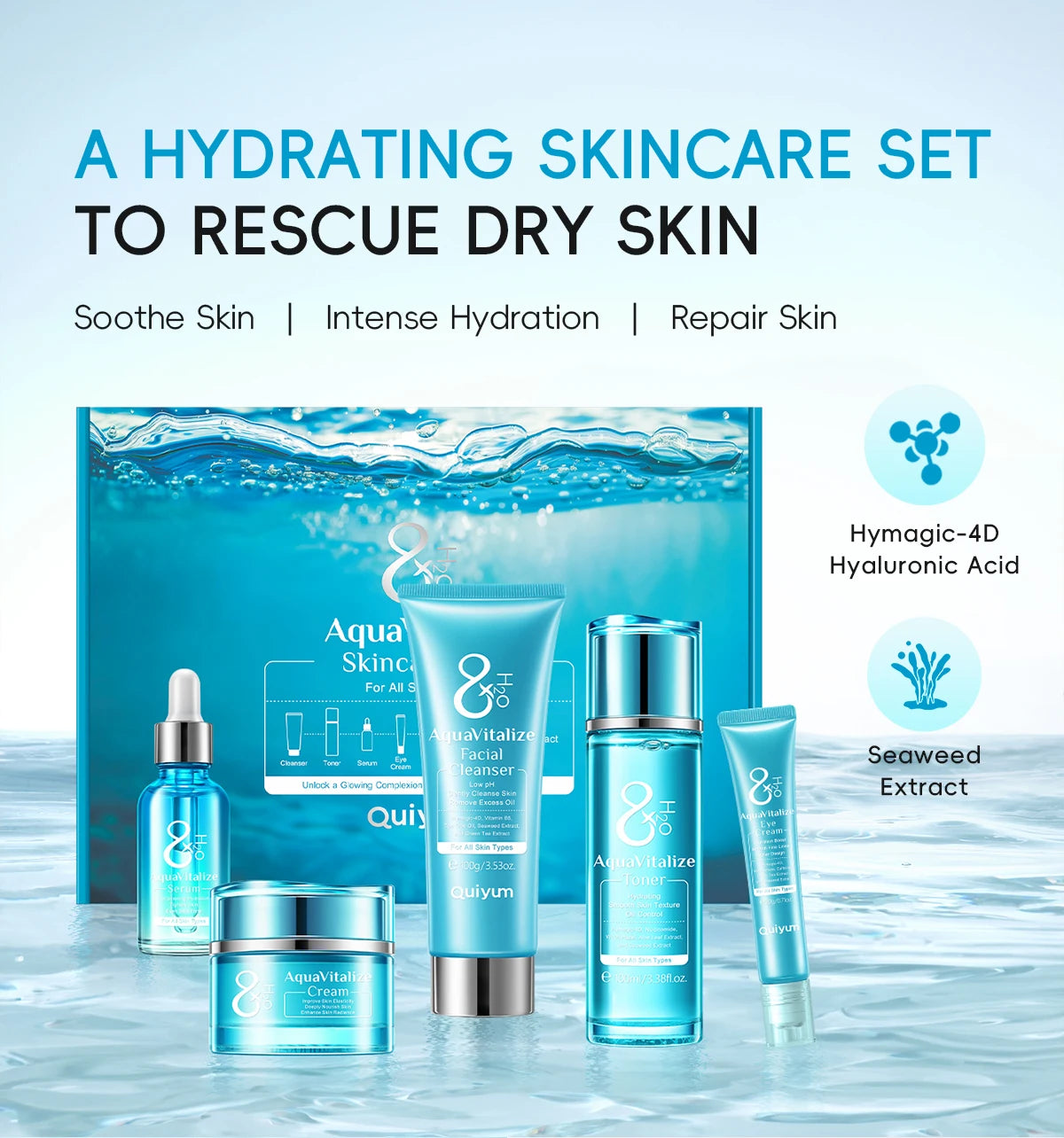 QUIYUM 8X H2O AquaVitalize Skincare Set 5PCS Kit de hidratação profunda Rugas Suavização Tratamento de aperto Conjunto de presente