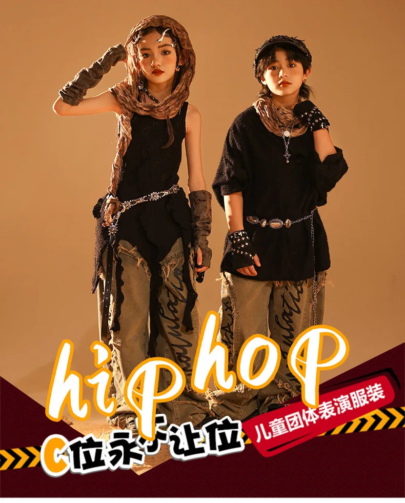 Conjunto de regata e jeans infantil Wasteland Street Dance de malha, moletons de hip hop, roupas de jazz, roupas punk, meninos e meninas