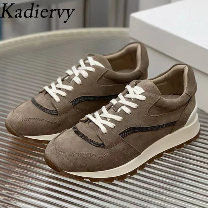Sapatos casuais mulher dedo do pé redondo corrente corda grânulo conforto tênis de corrida senhoras camurça vaca retalhos rendas até tênis planos