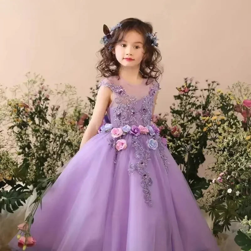 Crianças lavanda desempenho outfits crianças vestido de festa traje meninas princesa roxo roupas aniversário elegante ponkata piano