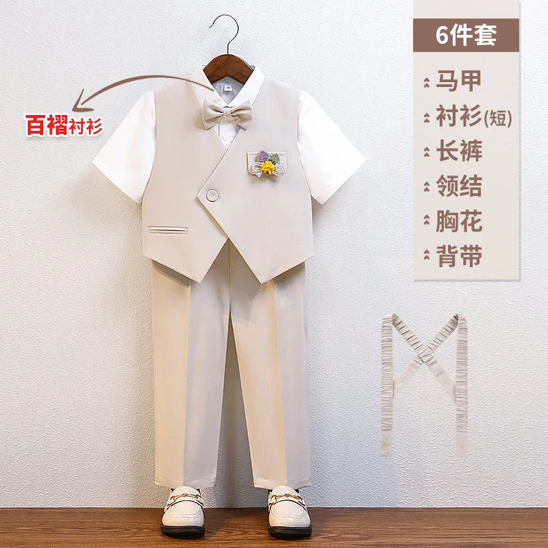 Cavalheiro crianças verão respirável vestido de casamento escola meninos colete camisa calças gravata borboleta fotografia terno crianças traje aniversário