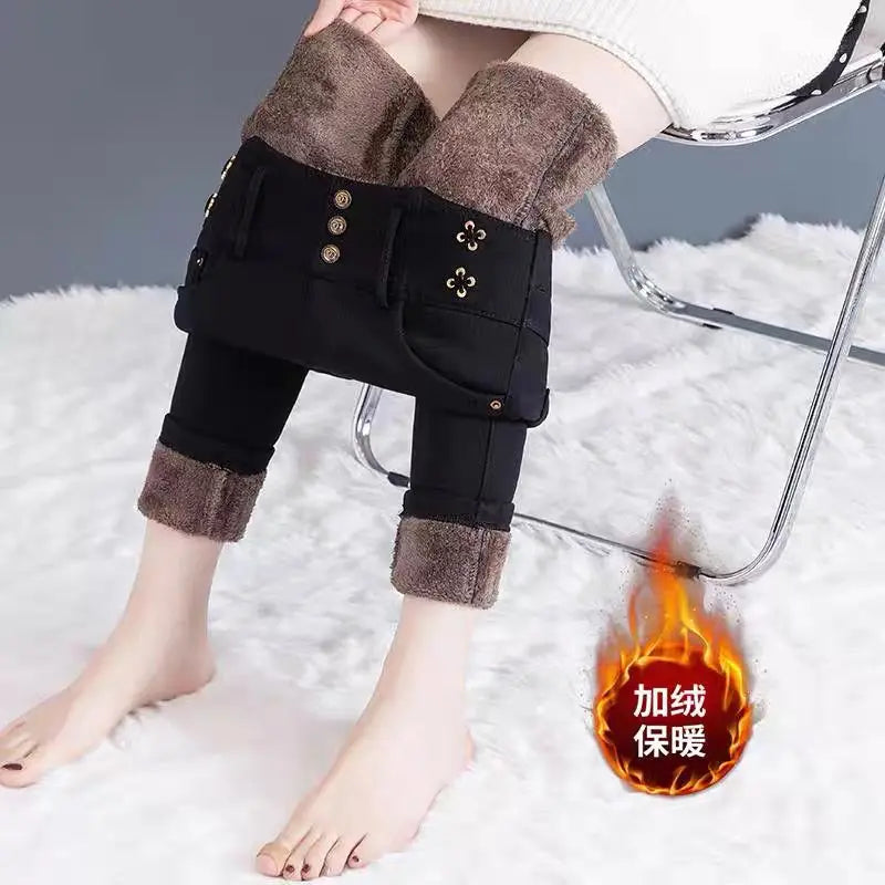Jeans coreano elástico de cintura alta com pelúcia ártica, zíper de botão monocromático, calça lápis reta preta, moda fina, outono e inverno, nova