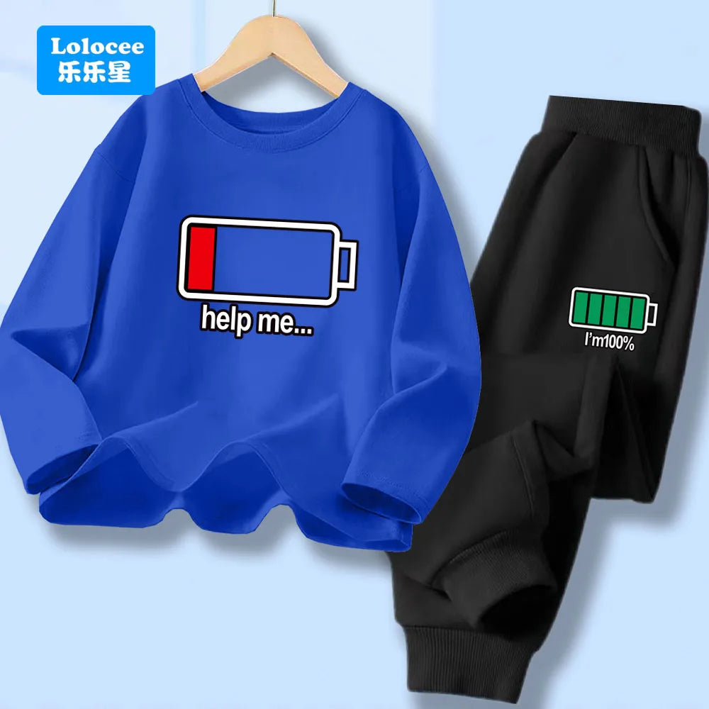 Outono criança menino manga longa 2 pçs conjunto de roupas crianças engraçado bateria carta impressa camiseta pulôver topo e calças fatos de treino dcw1