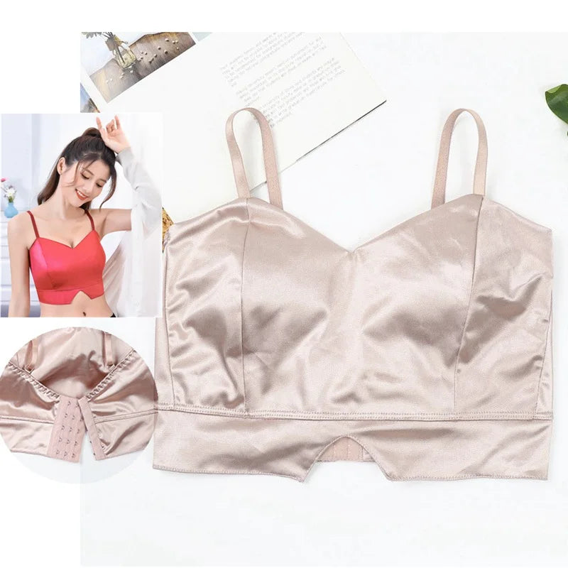 Sexy tops de cetim para mulheres, bralette sem fio, top de crochê, alça de espaguete feminina, camiseta cortada com peito, camisola acolchoada