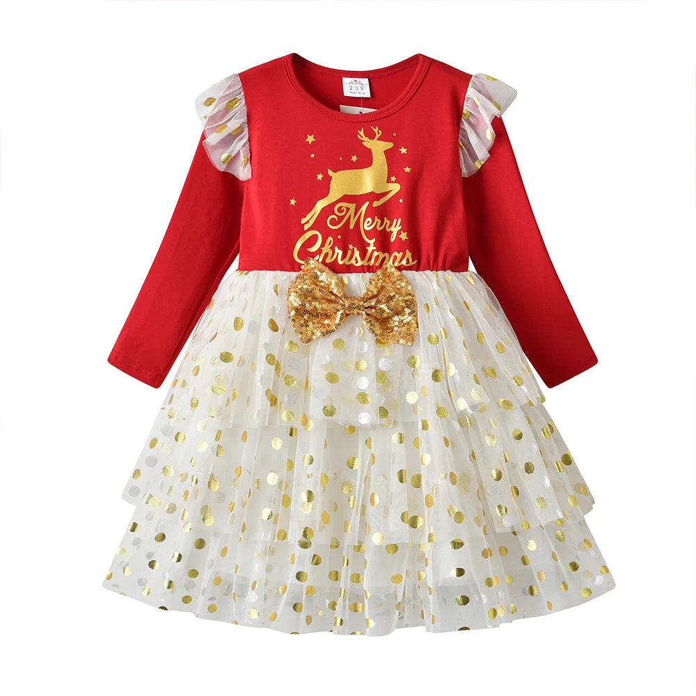 DXTON-Girls' Sequin Elk Dress, Roupa de Criança, Princess Party Dress, Manga Voadora, Inverno, Natal, Ano Novo, Bebé, 2022