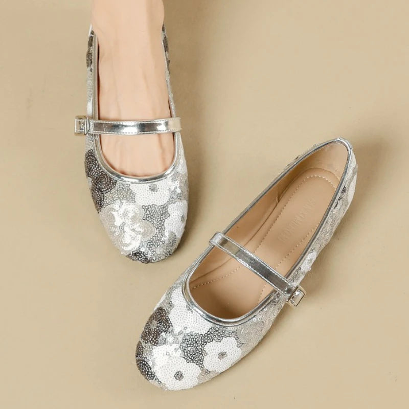 Luxo bling ballet flats feminino dedo do pé redondo colorido floral fivela design mary jane sapatos elegantes sapatos de festa conforto sandálias planas