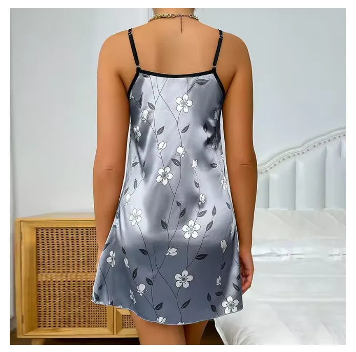 Pijamas femininos verão floral impressão cetim camisola casual sem mangas sem costas deslizamento noite vestido sexy camisola roupas de casa