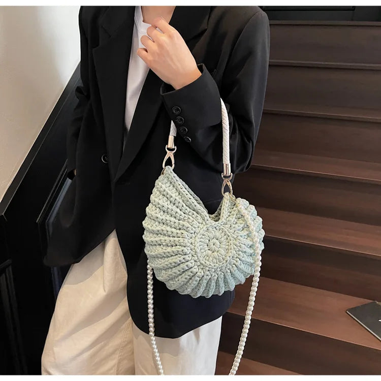 Criativo concha em forma de crochê feminino ombro sacos engraçado bonito pérolas correntes artesanal tecer crossbody saco novidade pequenas bolsas