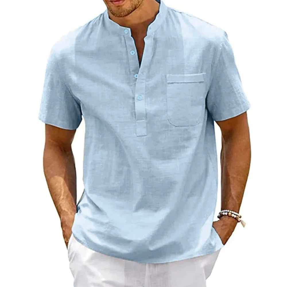 Camisa de linho de algodão masculina henley pescoço bolso casual praia manga curta cor sólida masculino topos camisetas vintage streetwear