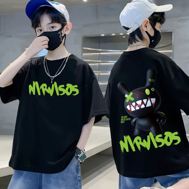 Graffiti impressão camiseta de manga curta infantil, 100% algodão, verão streetwear, meninas tees, crianças tops, roupas de crianças, alta qualidade