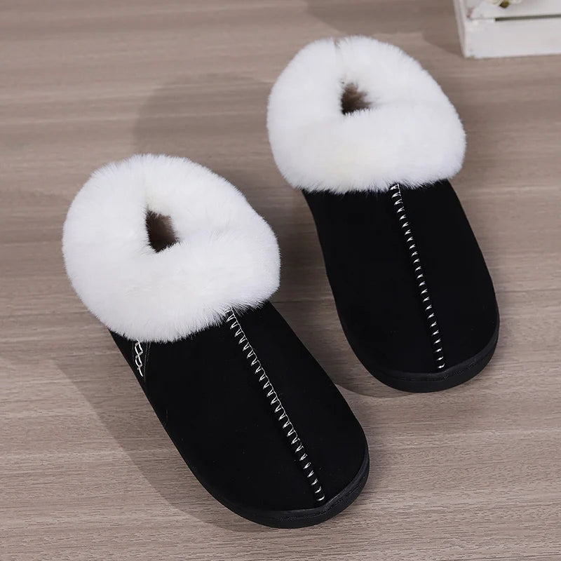 Inverno quente interior flurry chinelos feminino camurça do falso dedo do pé fechado casal chinelos mulher conforto sola macia casa slides mujer