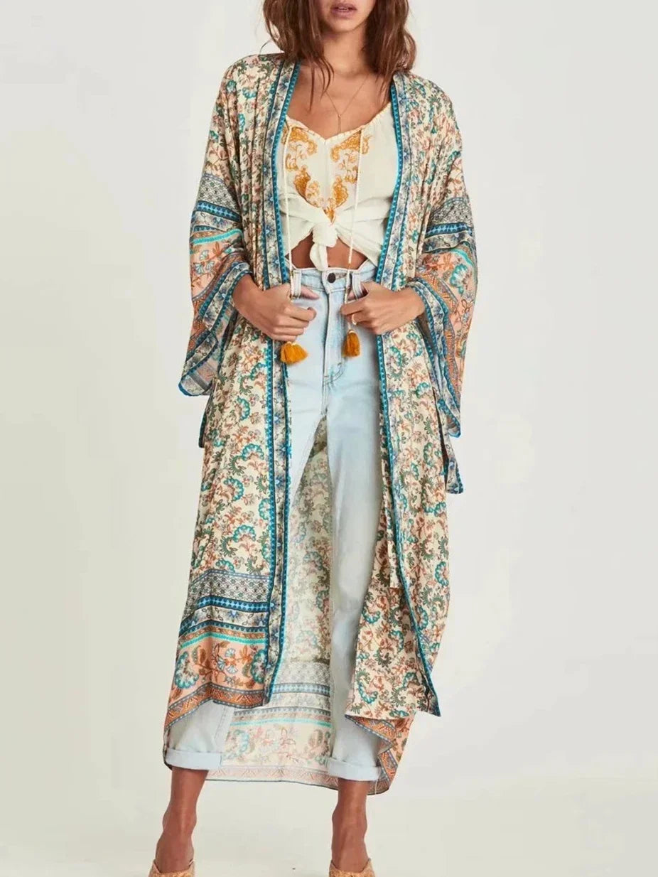 Vintage chique feminino floral impressão batwing manga praia boêmio quimono vestido senhoras com decote em v verão boho robe cover-ups vestidos