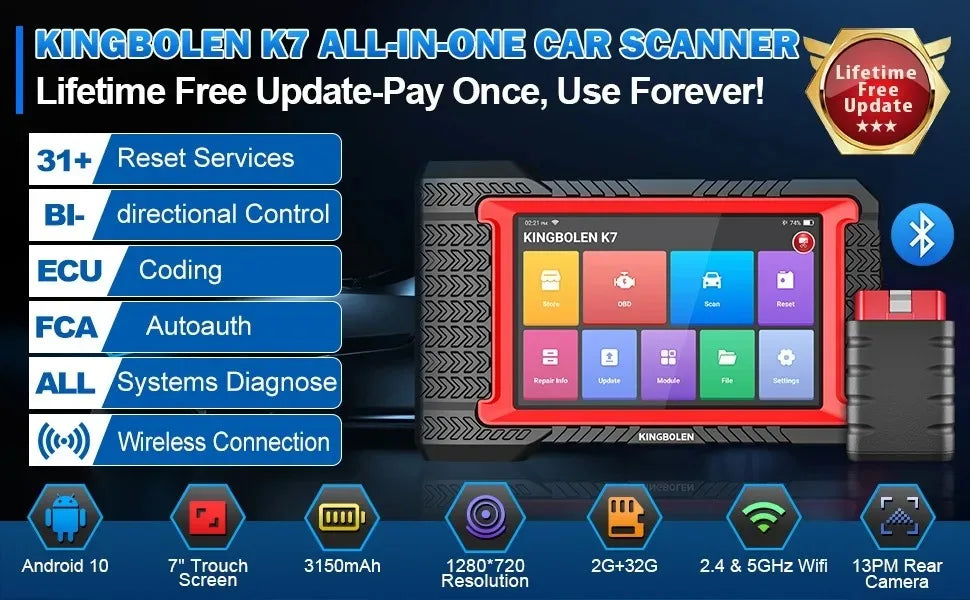 Atualização vitalícia gratuita KINGBOLEN K7 ALL System Ferramentas de diagnóstico de carro português Codificação ECU Teste ativo 28 reinicializações Scanner OBD PK LAUNCH X431 CRP919E BT