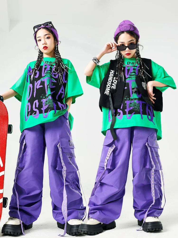 Conjunto de camiseta e calças infantis legais, trajes de jazz, Hip Hop Streetwear, roupas femininas, moda feminina, corredores de rua, colete infantil