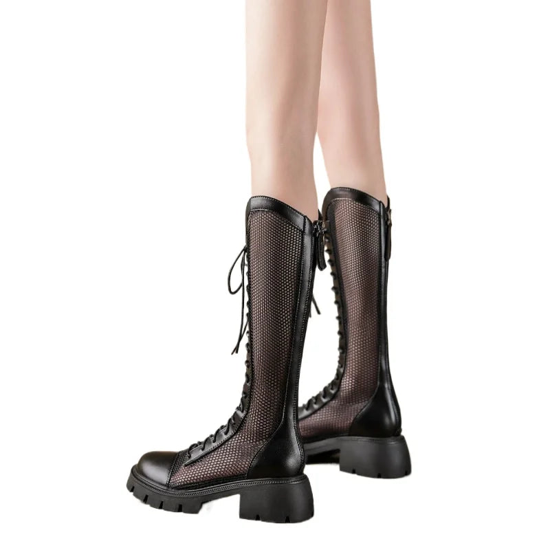 Mulheres verão joelho-alta malha botas altas femininas plataforma respirável malha rendas botas de cavaleiro salto grosso oco longo cavaleiro botas