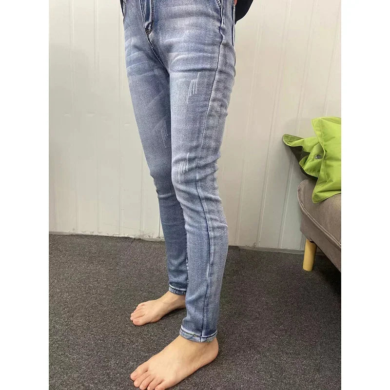 Inverno senhora térmica quente jeans de pelúcia magro estiramento jeans senhora fino ajuste lápis calças meninas perna reta denim