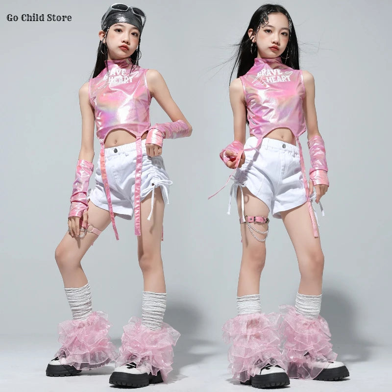 Meninas k-pop brilhante colheita superior calças de carga shorts de dança de rua crianças hip hop jazz conjuntos de roupas crianças streetwear menina grupo traje