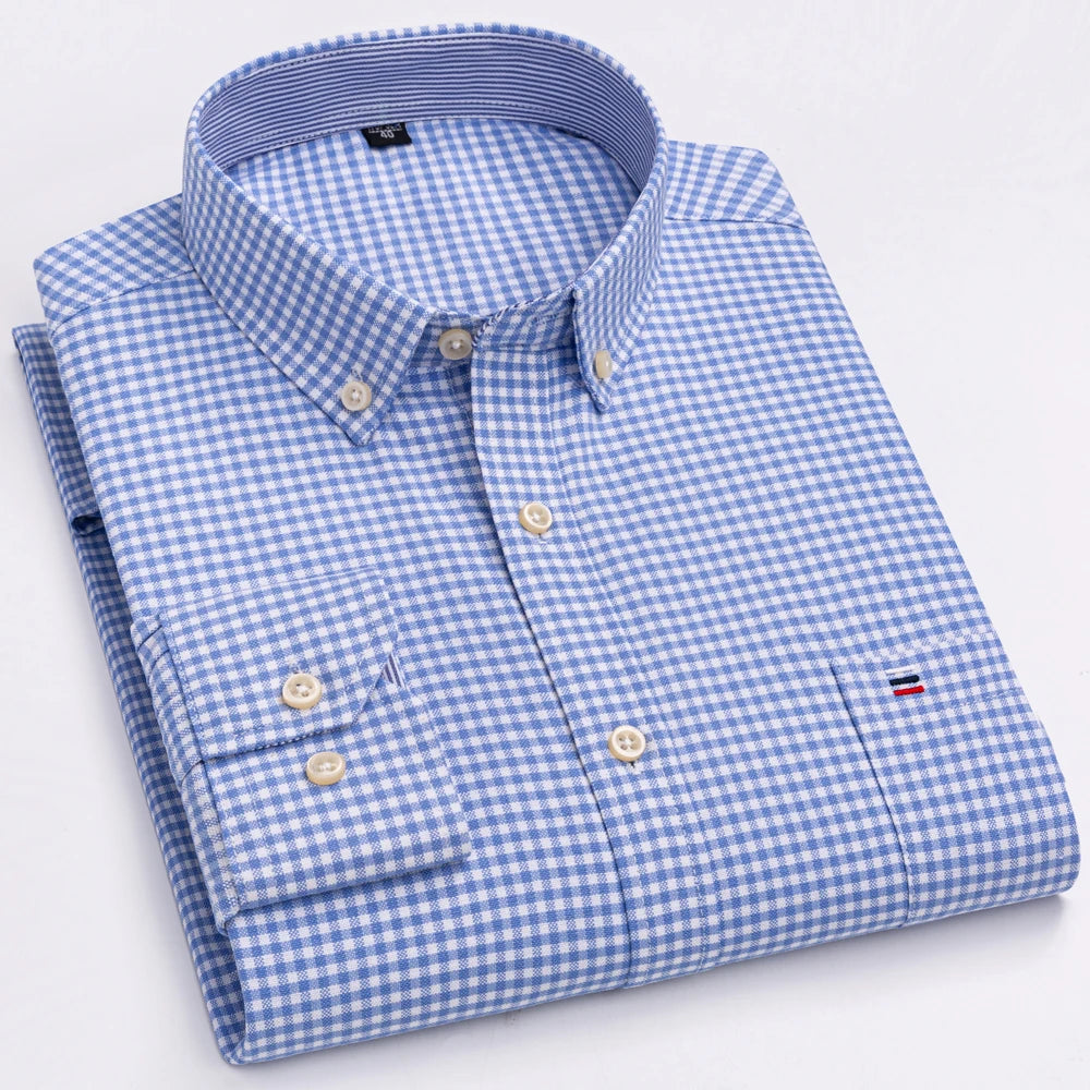 Camisas de vestido de algodão com design de gola de lapela listrada xadrez na moda masculina, camisa casual de manga comprida com botões para primavera/outono