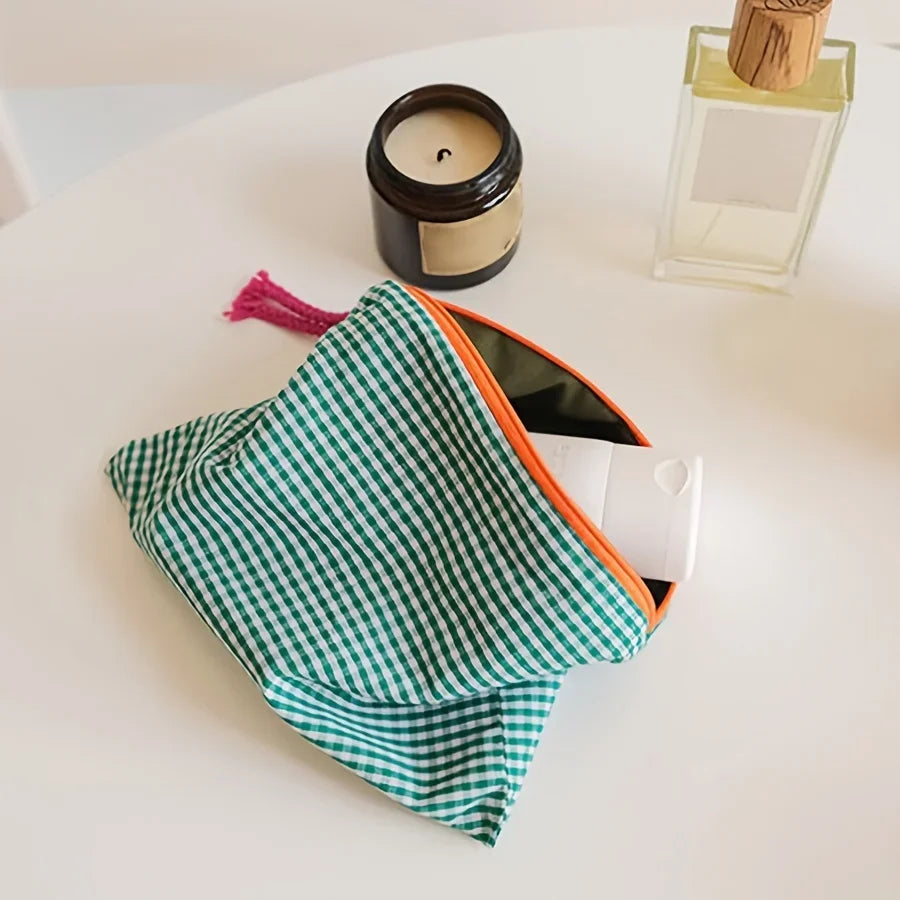 Venda quente feminino xadrez saco de maquiagem grande capacidade algodão zíper bolsa bolsa de viagem saco de maquiagem portátil simples bolsa saco de cosméticos