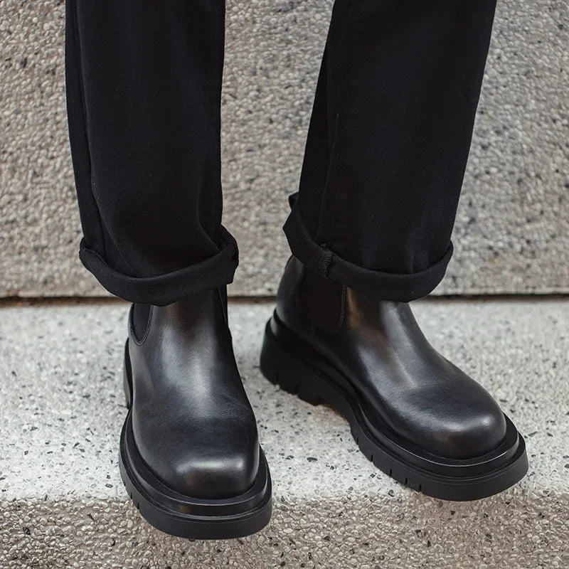 Botas Chelsea Vintage Masculinas Maden, Estilo Britânico, Botas Altas Pretas com Bico Redondo, Calçados Clássicos para Outono e Inverno
