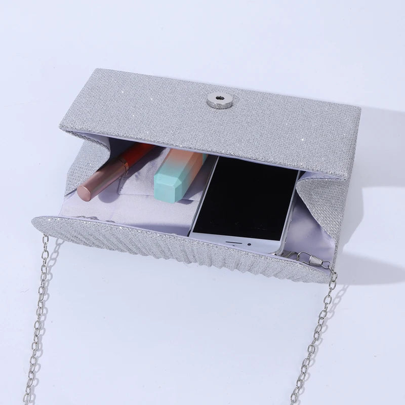 Bolsa de Noite Prateada com Glitter para Mulheres, Elegante e Fashion, Bolsa Longa com Cadeado, Clutch para Casamentos e Festas