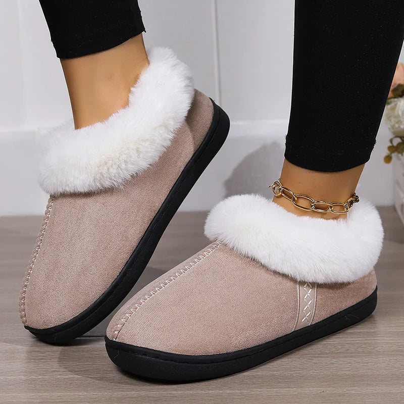Inverno quente interior flurry chinelos feminino camurça do falso dedo do pé fechado casal chinelos mulher conforto sola macia casa slides mujer