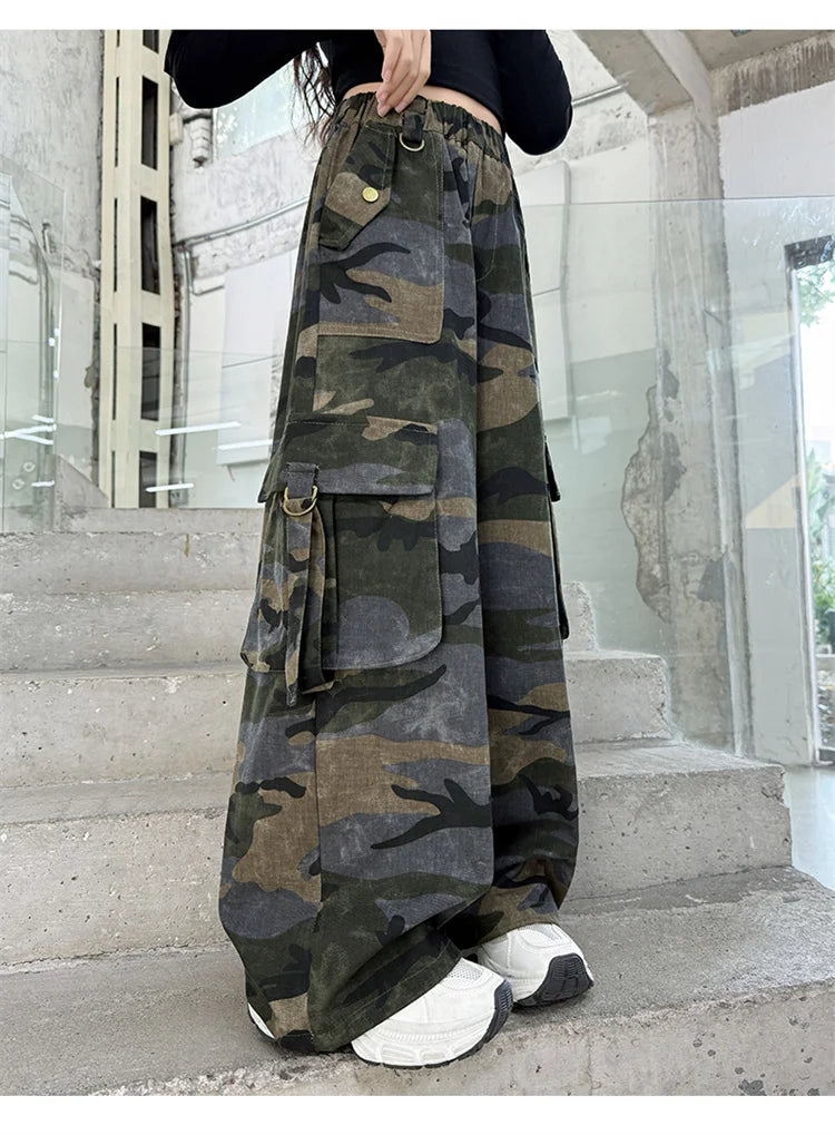 Crianças baggy camuflagem calças de carga com bolso para a menina streetwear y2k camo calças crianças harajuku coreano hip hop sweatpants