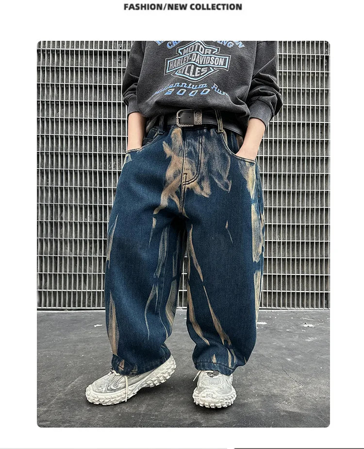 Crianças graffiti jeans meninos primavera e outono 2025 novas crianças adolescentes bonito meninos perna reta solta calças de perna larga