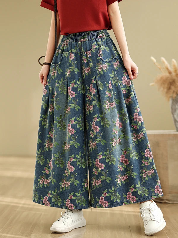 Calça Jeans Solta de Perna Larga Casual Versátil Estampada de Cintura Alta com Corte Reto para Verão e Primavera, Tamanhos ...