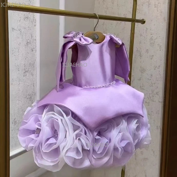Vestido de Festa Infantil Elegante com Laço e Patchwork para Meninas - Traje Formal de Aniversário e Apresentação