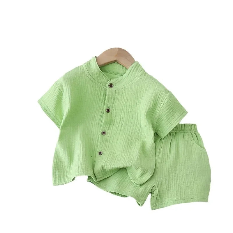 Conjunto de pijamas de gaze de algodão para bebês, 2 peças, manga curta, gola redonda, roupa de dormir macia e respirável, meninos, meninas, 0-5 anos, roupas de praia