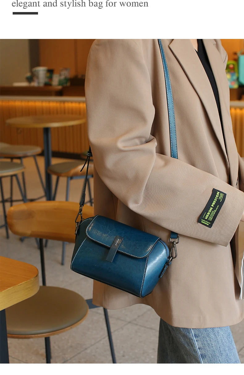 Bolsa transversal pequena de couro legítimo com acabamento em cera de óleo para mulher, bolsa fashion versátil em formato de concha, bolsa casual para celular.