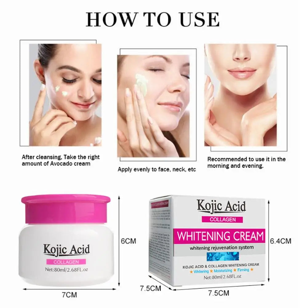 Creme Hidratante Ácido Kójico de Colágeno, Nutrido, Pele Danificada, Brilhante e Suave, Facial, Cuidado, Reparação, R1U9, 80ml