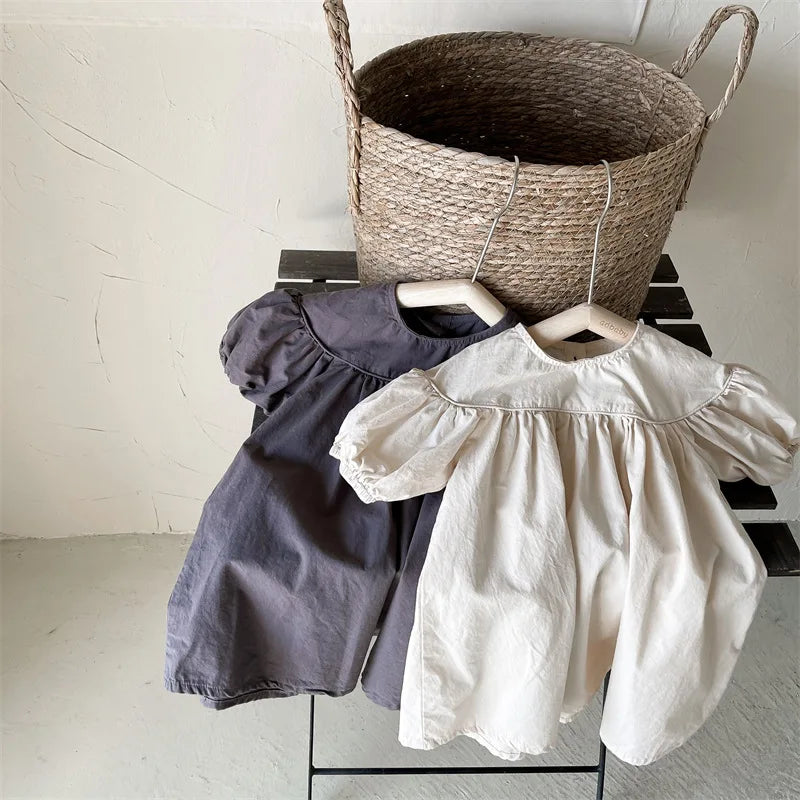 Vestidos de Algodão para Meninas Bebê Estilo Coreano Verão 2026 com Mangas Bufantes em Cores Sólidas
