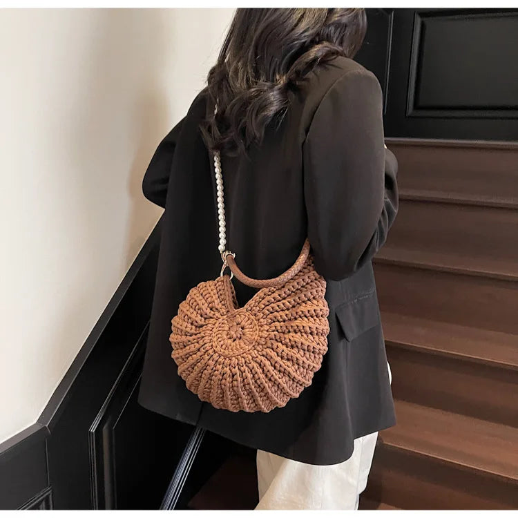 Criativo concha em forma de crochê feminino ombro sacos engraçado bonito pérolas correntes artesanal tecer crossbody saco novidade pequenas bolsas