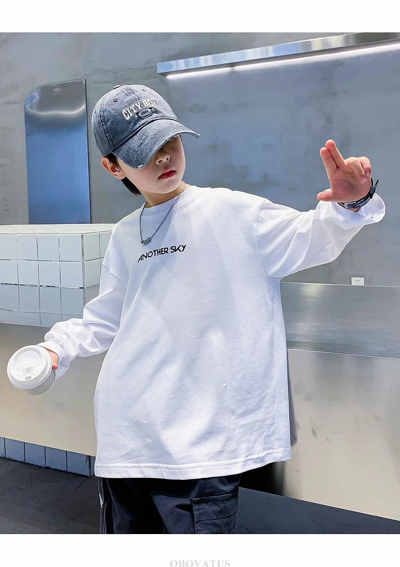 Nova primavera crianças manga longa camiseta de algodão para meninos solto estilo breve tshirt adolescentes crianças escola camisetas roupas de moda do bebê