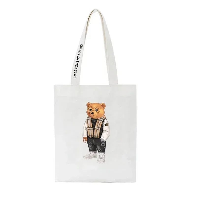 Moda urso impressão eco mulheres sacos de ombro bolsa feminina lona saco de compras casual grandes senhoras viagem totes sacos