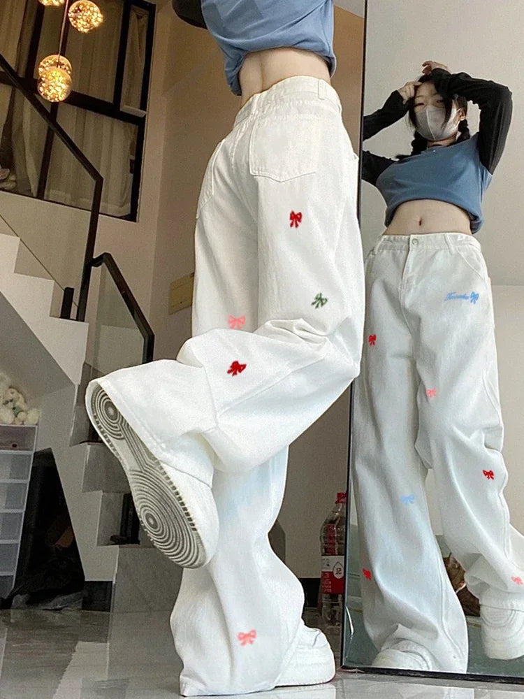 Arco bordado calças de brim femininas cintura alta vintage em linha reta baggy calças jeans coreano harajuku preppy branco perna larga denim