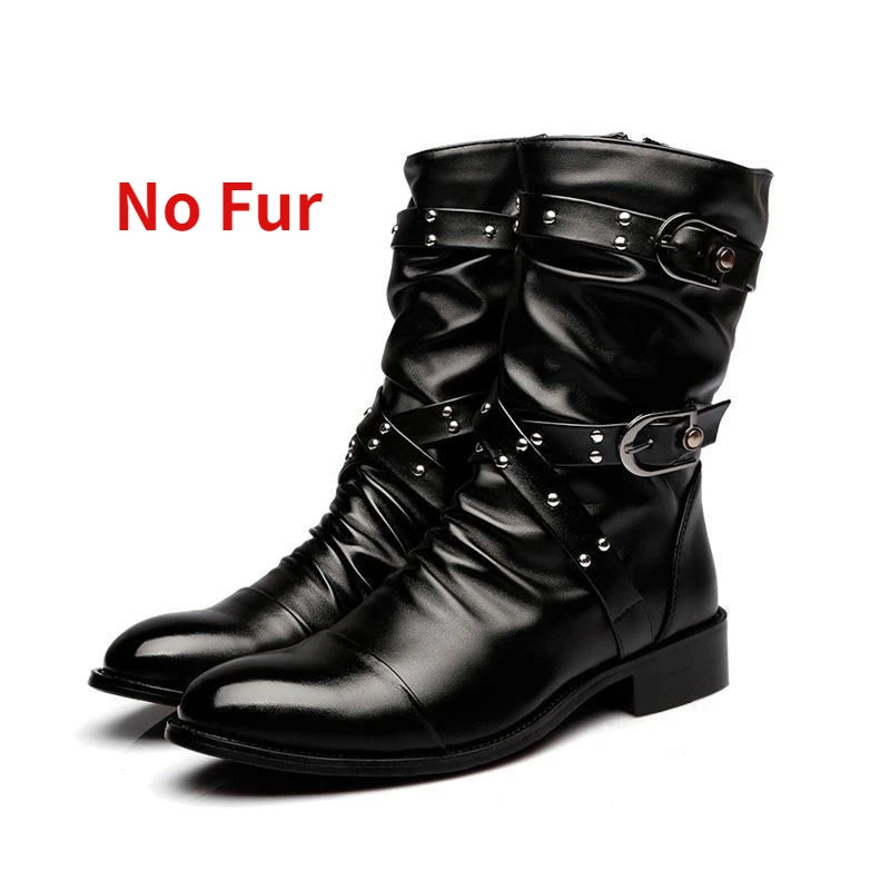 Inverno apontou toe botas de cano médio masculino fivela cinta chelsea bota para homens de couro botas de motocicleta alta superior homem sapato de inverno