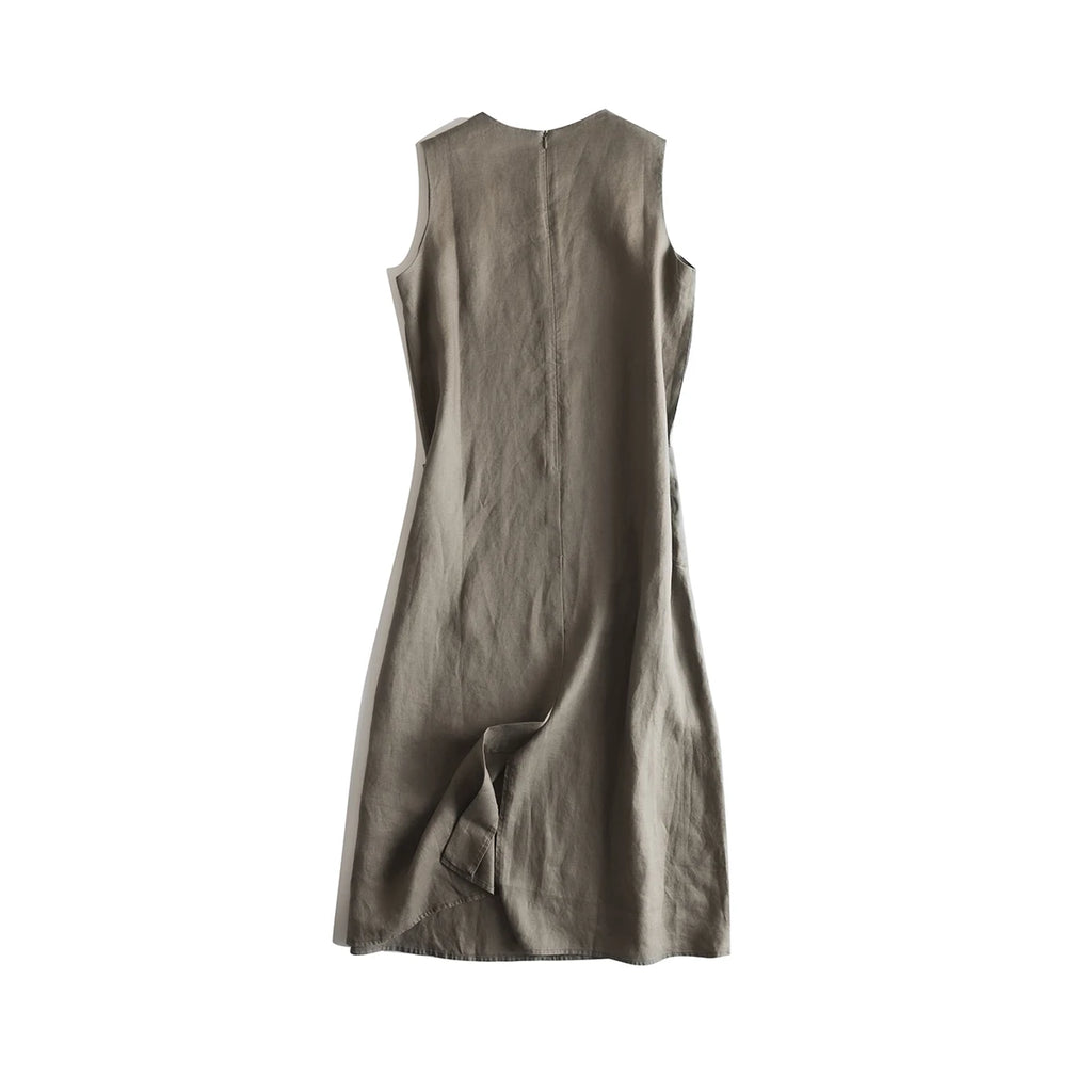 Vestido longo sem mangas com gola em O, Vintage, Linho, Algodão, Emagrecimento, Linha A, Verão, Sólido, Tanque Robe, Roupas casuais, X1399