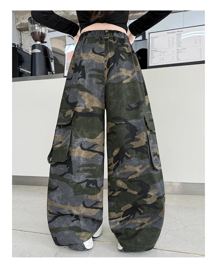 Crianças baggy camuflagem calças de carga com bolso para a menina streetwear y2k camo calças crianças harajuku coreano hip hop sweatpants