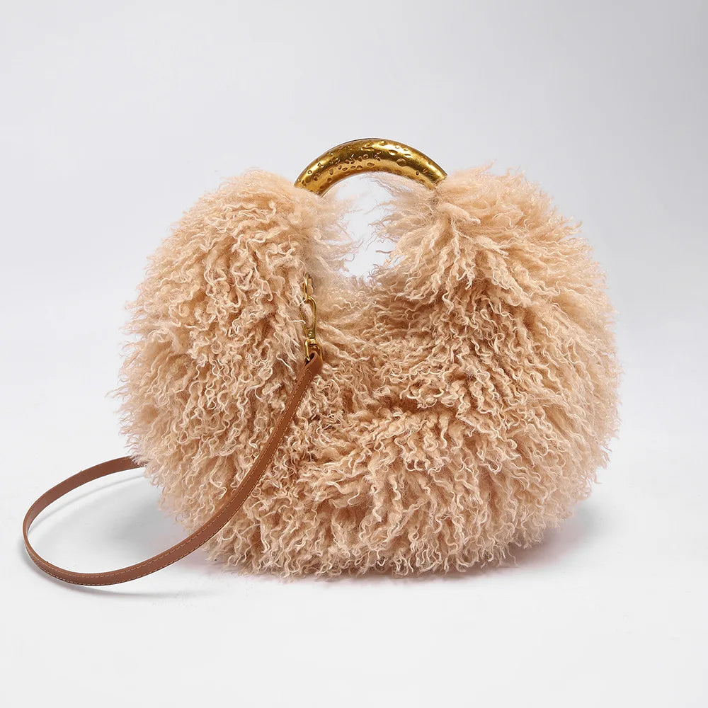 Moda feminina longa pele lã saco praia falso lã pele bolsa de ombro senhoras peles falsas bolsa luxo mongol ovelhas sacos de pelúcia
