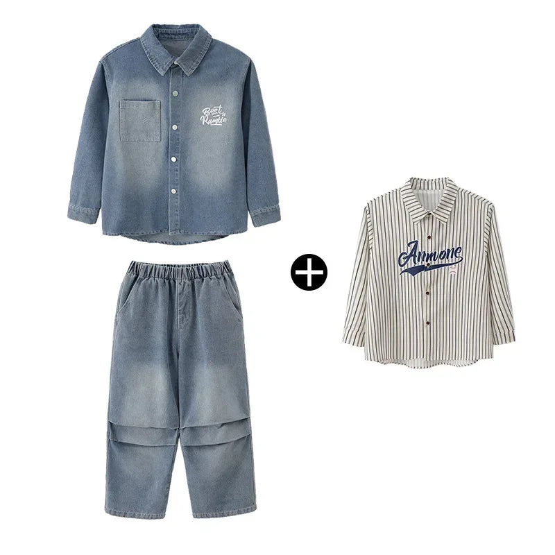 Crianças menino menina solta casual streetwear moda hip hop crianças denim camisa calça jeans define ternos agasalho roupas de palco traje