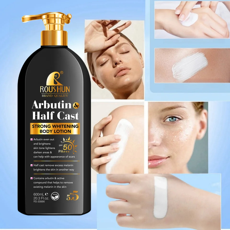Loção Corporal Arbutin HALF CAST com protetor solar 2 em 1, refrescante, hidratante e não oleosa.
