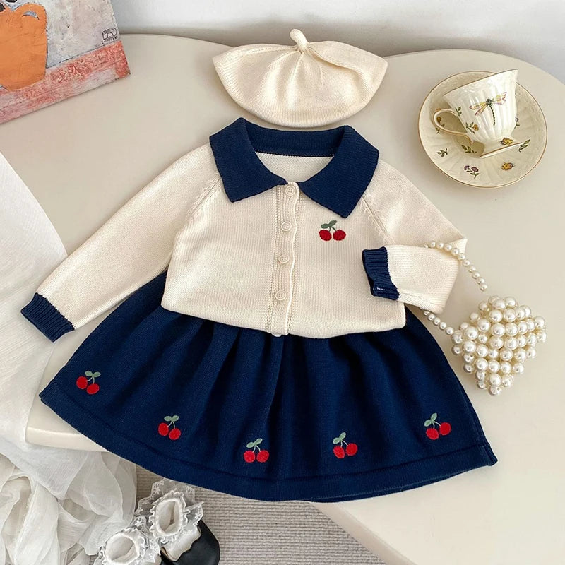 2025 novo outono 0-5yrs bebê meninas conjunto de roupas manga comprida malha cardigan casaco + saia curta crianças roupas de malha terno