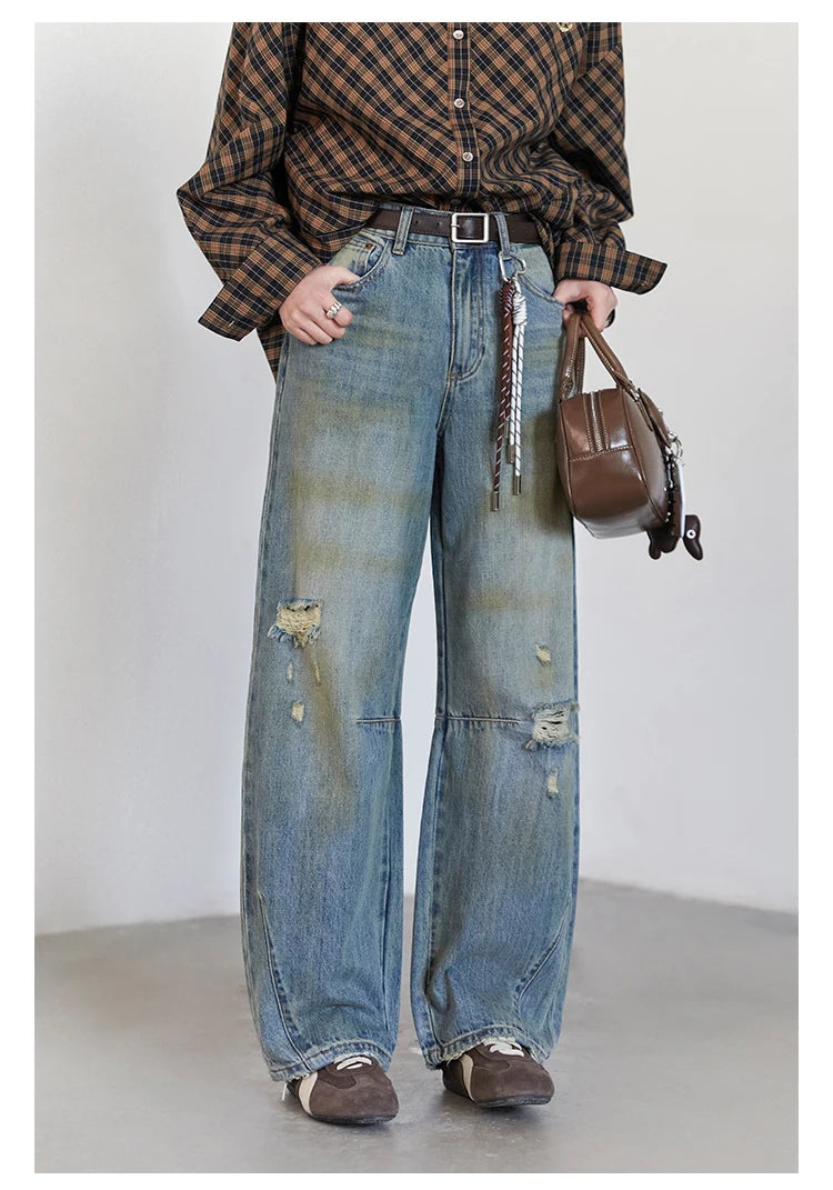 Chic ven retro calças de brim femininas soltas casuais nova cintura alta pernas largas denim calças femininas primavera outono 2025